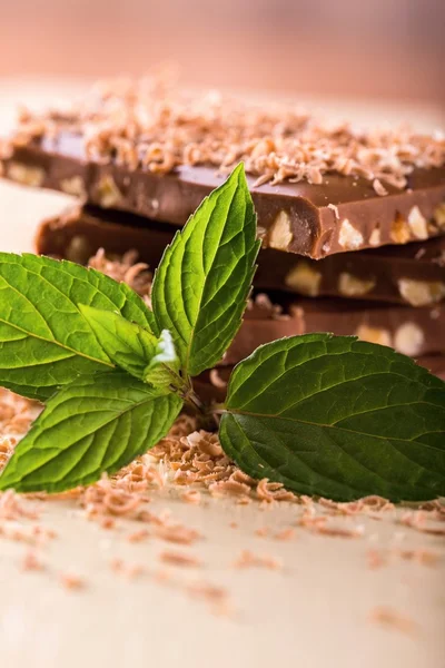 Ramo de menta frente a la pila de chocolate con virutas dulces —  Fotos de Stock