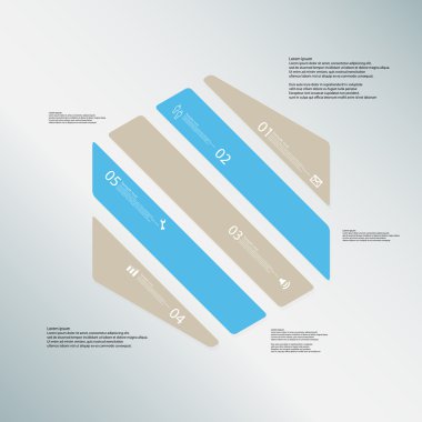 Mavi arka plan üzerinde beş renk parçaların altıgen illüstrasyon şablonu oluşur