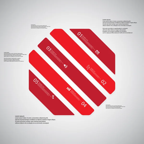 Οκτάγωνο εικονογράφηση πρότυπο αποτελείται από πέντε μέρη κόκκινο επάνω ελαφρύς υπόβαθρο — Διανυσματικό Αρχείο