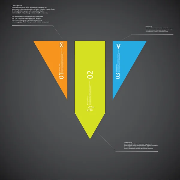 Plantilla de ilustración de triángulo consta de tres partes de color sobre fondo oscuro — Vector de stock