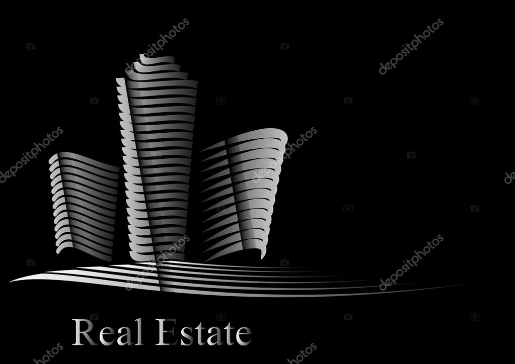 Vector illustration with Real Estate company motif created by line on white black background represents office skyscraper and buildings