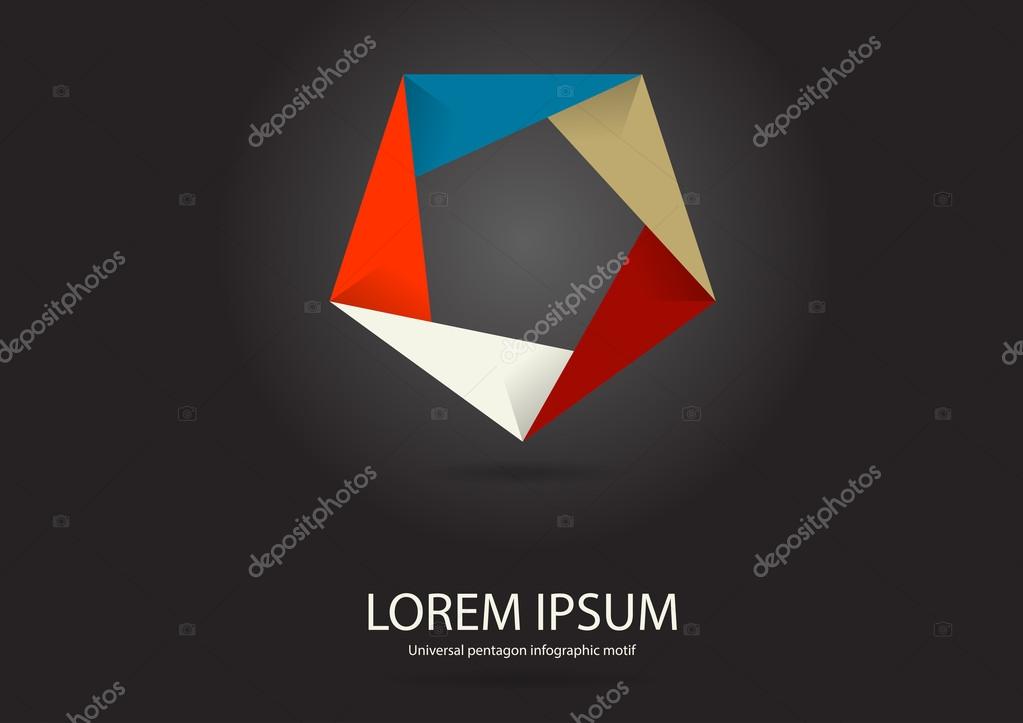 Illustration of pentagon template which could be used as logo or infographic consists of five overlapping parts on black background