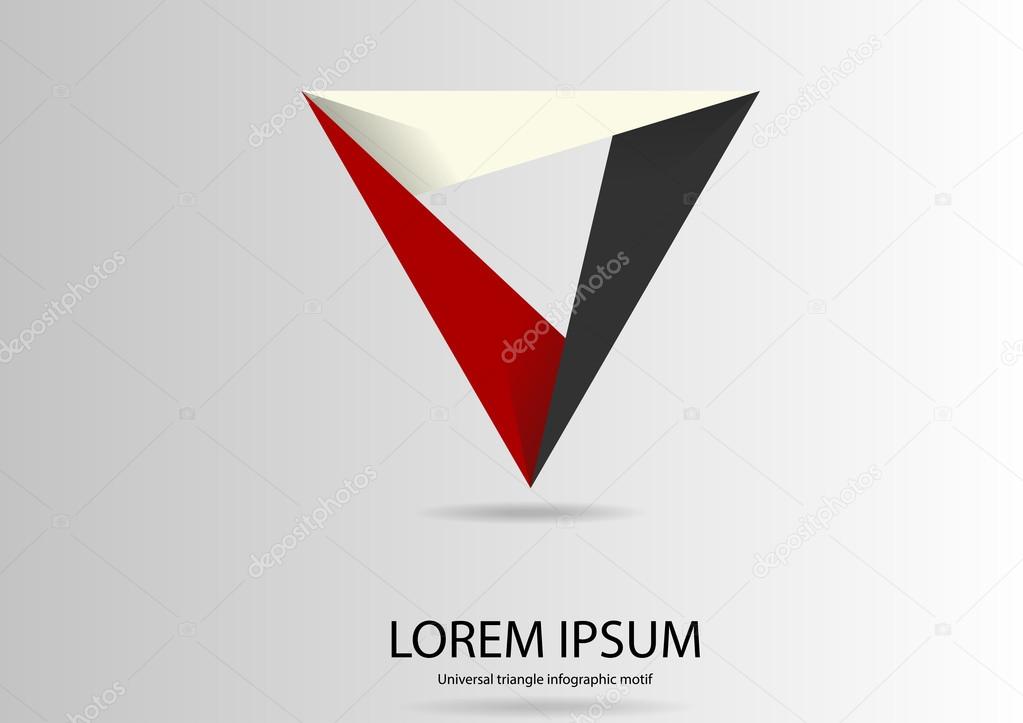 Illustration of triangle template which could be used as logo or infographic consists of three overlapping parts on light grey background