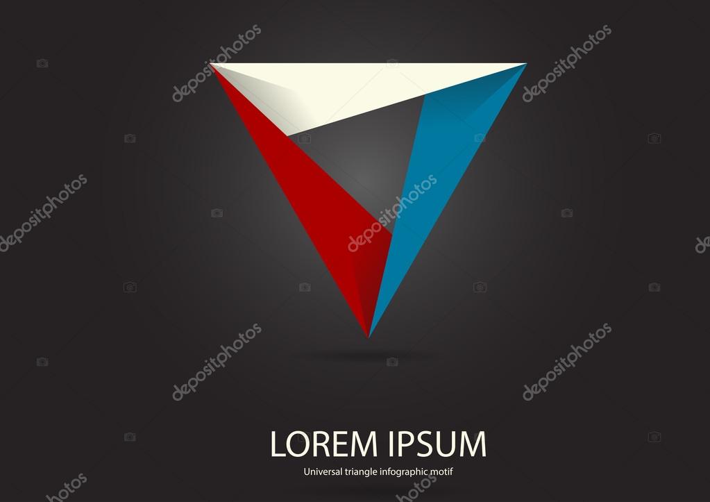 Illustration of triangle template which could be used as logo or infographic consists of three overlapping parts on black background
