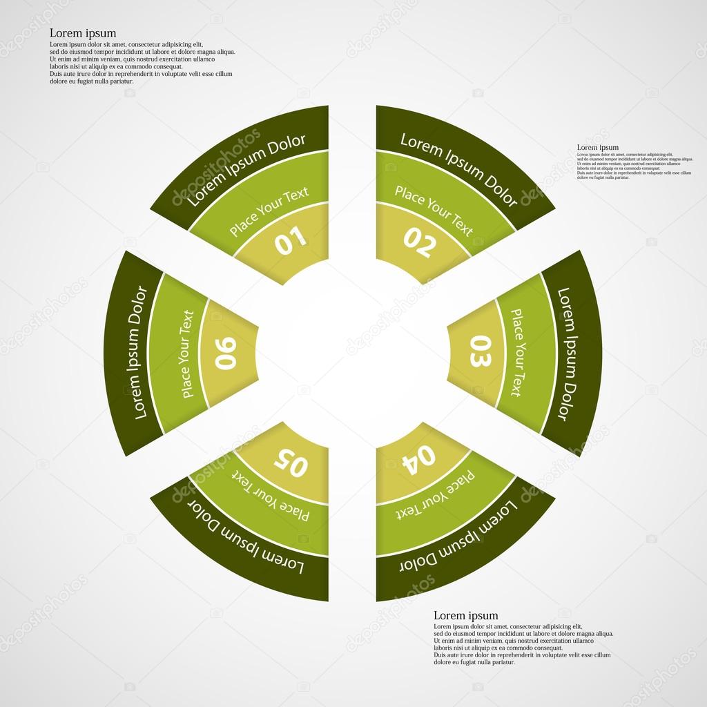 Round infographic consists of six green parts