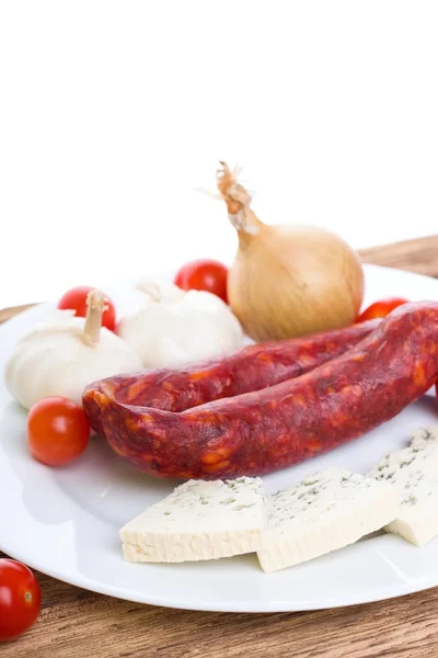 Sausages with Danish blue cheese and vegetable — Stock Photo, Image