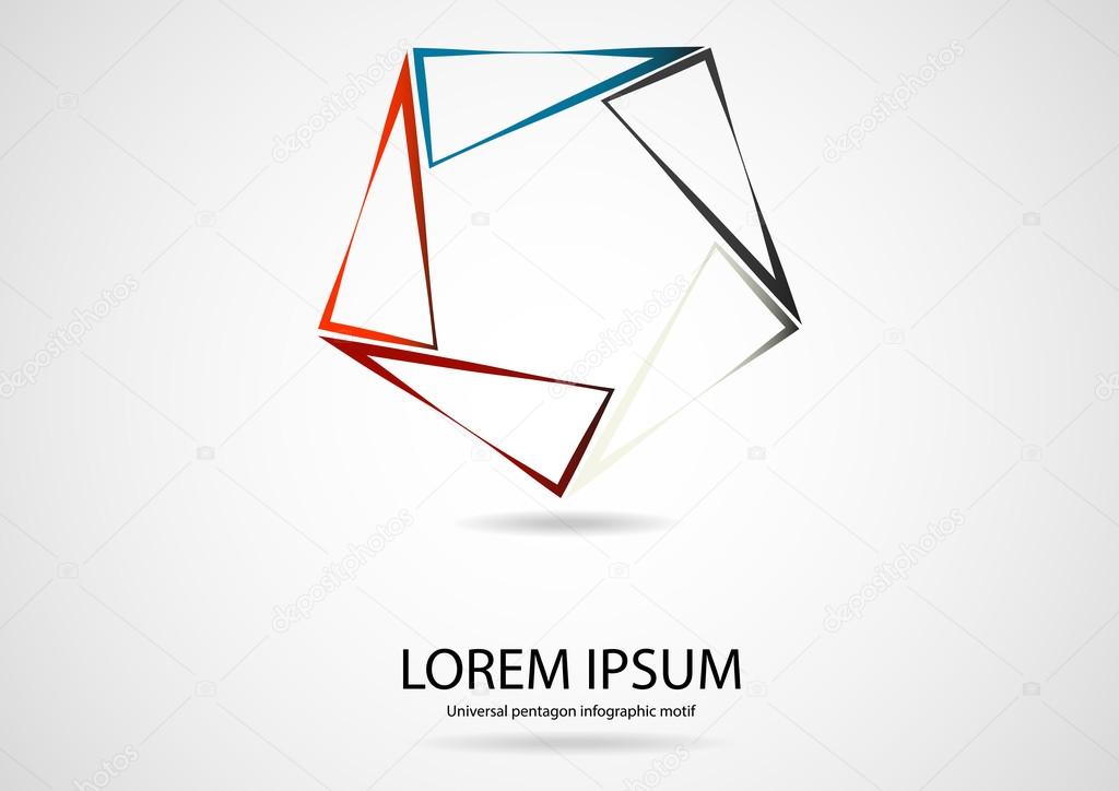 Illustration infographic logo with pentagon shape with sharp corners consists of five separate color triangle parts crated by outline contours with space around for own text. Background is light