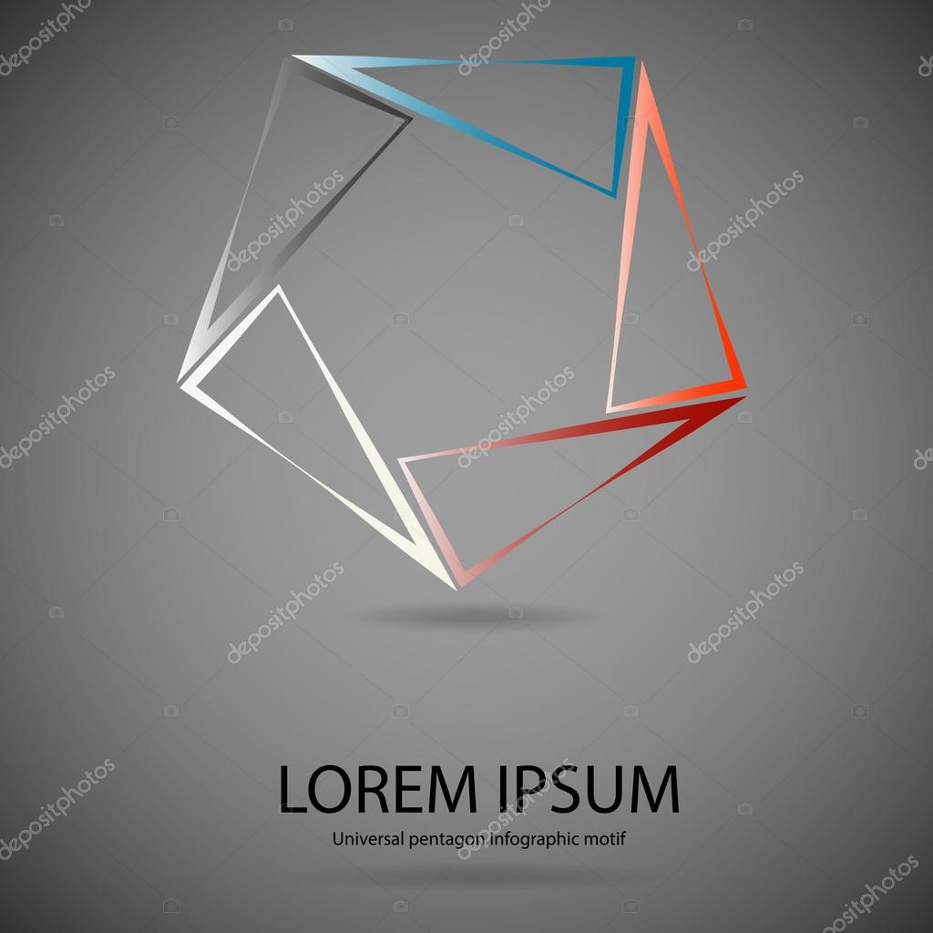 Illustration infographic logo with pentagon shape with sharp corners consists of five separate color triangle parts crated by outline contours with space around for own text. Background is dark