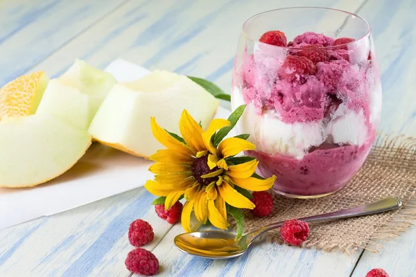 Rhudbeckia bloom next to cup with fruit ice cream — Stock Photo, Image