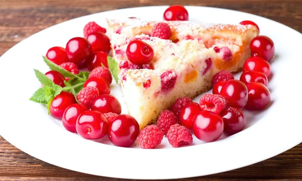 Detail of single portion of fruit pie with berries around — Stock Photo, Image