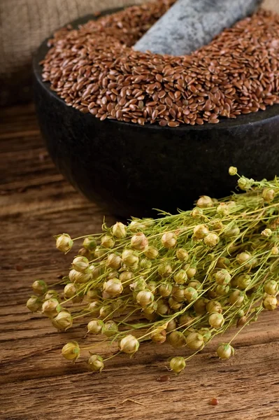 Mermer havan topu önünde hasat keten — Stok fotoğraf