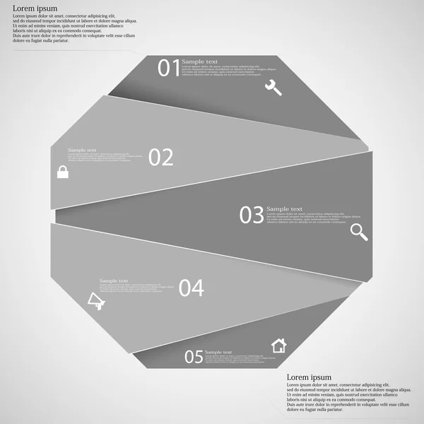 Инфографический шаблон с серым восьмиугольником случайным образом разделен на пять частей — стоковый вектор