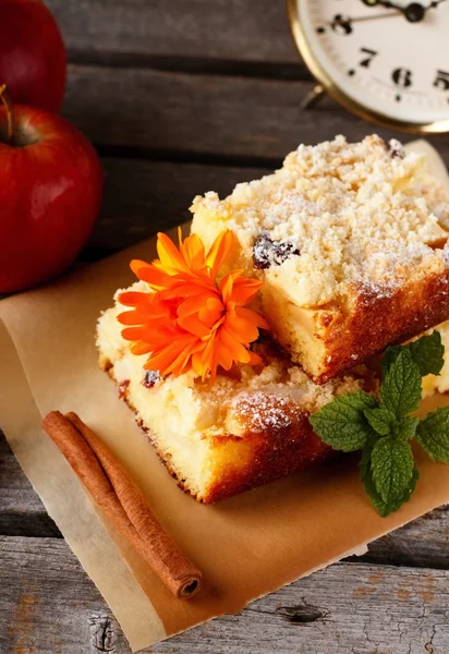 Apple cake with raisins on brown paper — Stock Photo, Image