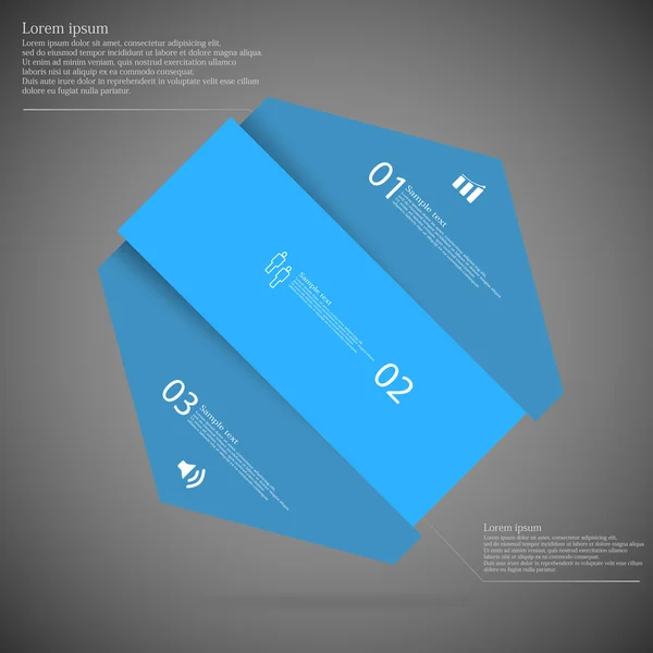 Infographic sjabloon met scheef verdeelde zeshoek naar drie blauwe delen — Stockvector