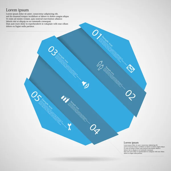 Infographic şablonuyla beş mavi bölüme ayrılmıştır sekizgen çarpık — Stok Vektör