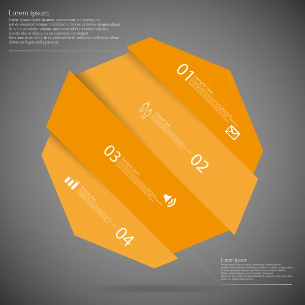 Modèle infographique avec octogone asymétrique divisé en cinq quatre parties orange — Image vectorielle
