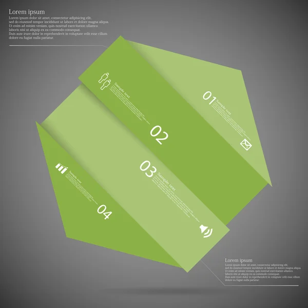 Infografik-Vorlage mit sechseckiger Schräge, unterteilt in vier grüne Teile — Stockvektor