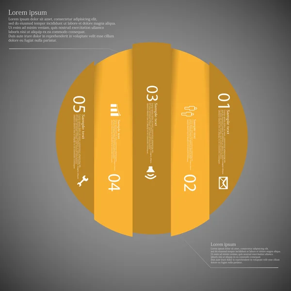 Modèle Dark Circle infographie divisée verticalement en cinq parties orange — Image vectorielle