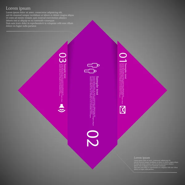 Plantilla infográfica con forma de rombo dividida en tres partes púrpura — Archivo Imágenes Vectoriales