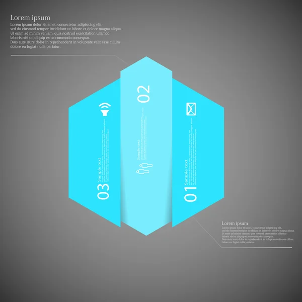 Altıgen Infographic şablon dikey olarak üç mavi parçalara bölünmüş — Stok Vektör