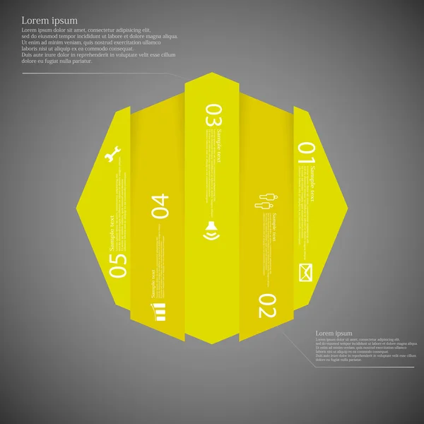 Sekizgen Infographic şablon dikey olarak beş sarı parçalara bölünmüş — Stok Vektör