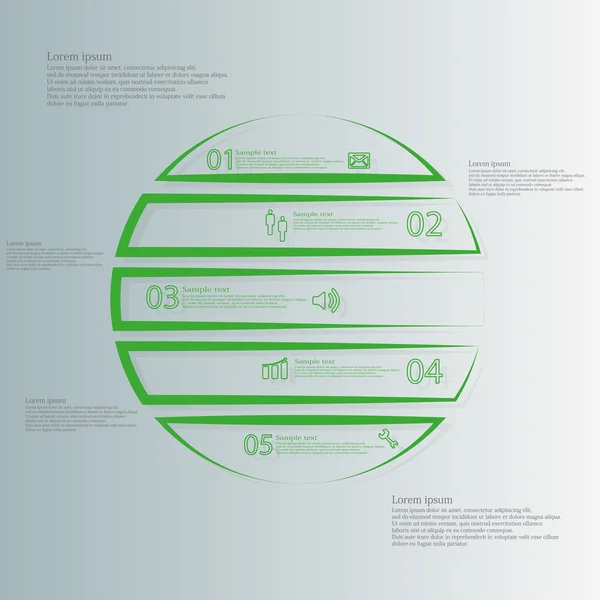 Cercle modèle infographique horizontaly divisé en cinq parties vert contour — Image vectorielle
