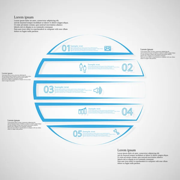 Cercle modèle infographique horizontaly divisé en cinq parties bleu contour — Image vectorielle