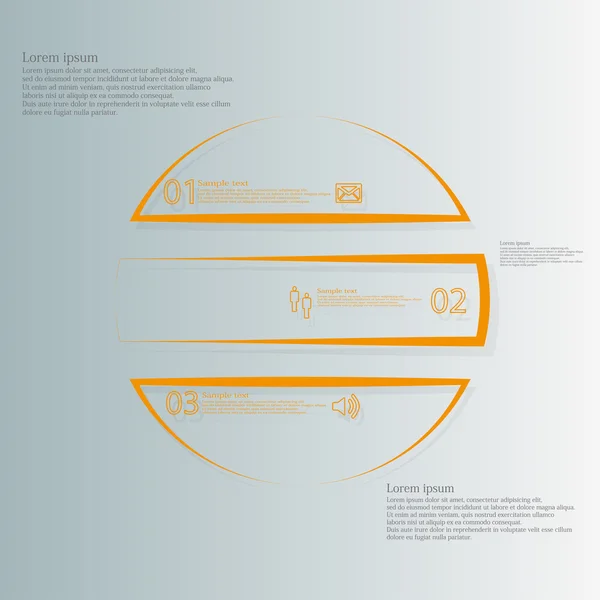 Kreis-Infografik-Vorlage horizontal aufgeteilt in drei orangefarbene Teile — Stockvektor