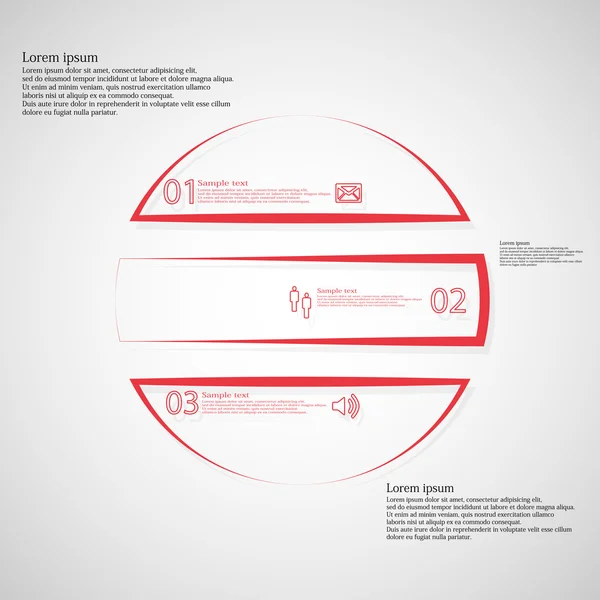 Plantilla de infografía circular dividida horizontalmente en tres partes rojas del contorno — Archivo Imágenes Vectoriales