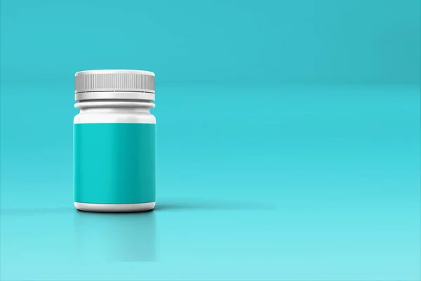 Boş etiketli tıbbi konteynır, renkli arkaplanda izole edildi. Tıbbi 3D oluşturma üzerinde element tasarımınız için uygun..
