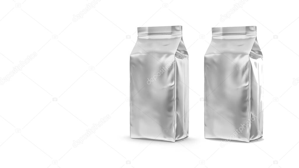 Blank metallic foil pouch bag isolated on white background. 3d rendering illustration , added copy space for text.