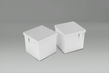 Gri arkaplanı kapalı beyaz bir dikdörtgen kutunun 3D görüntülenmesi. Proje ögeniz için uygun.