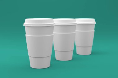 Renkli arka planda sade beyaz kahve fincanı. Üç boyutlu illüstrasyon. Dizayn ögeniz için uygun.