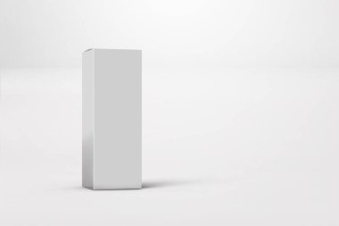 Parlak beyaz kutu paketinin yeni tasarımı izole edildi. Tasarımın ya da çizimin için şablon. 3d oluşturma.