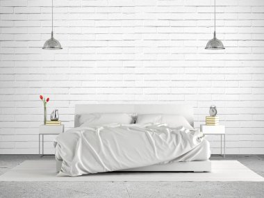 Minimalist ana yatak odası, beyaz tuğlalı duvara karşı çift kişilik yatak.