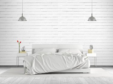Minimalist ana yatak odası, beyaz tuğlalı duvara karşı çift kişilik yatak.