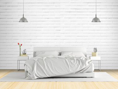 Minimalist ana yatak odası, beyaz tuğlalı duvara karşı çift kişilik yatak.