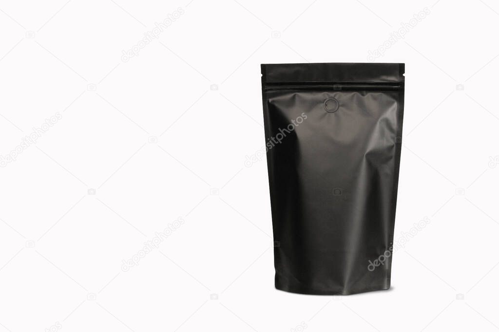 Blank black, white or craft doy pack mockup set, standing isolated, 3d rendering. Empty stand-up pouch mock up, side view. Clear flexible pack with zip for tea or coffee template.