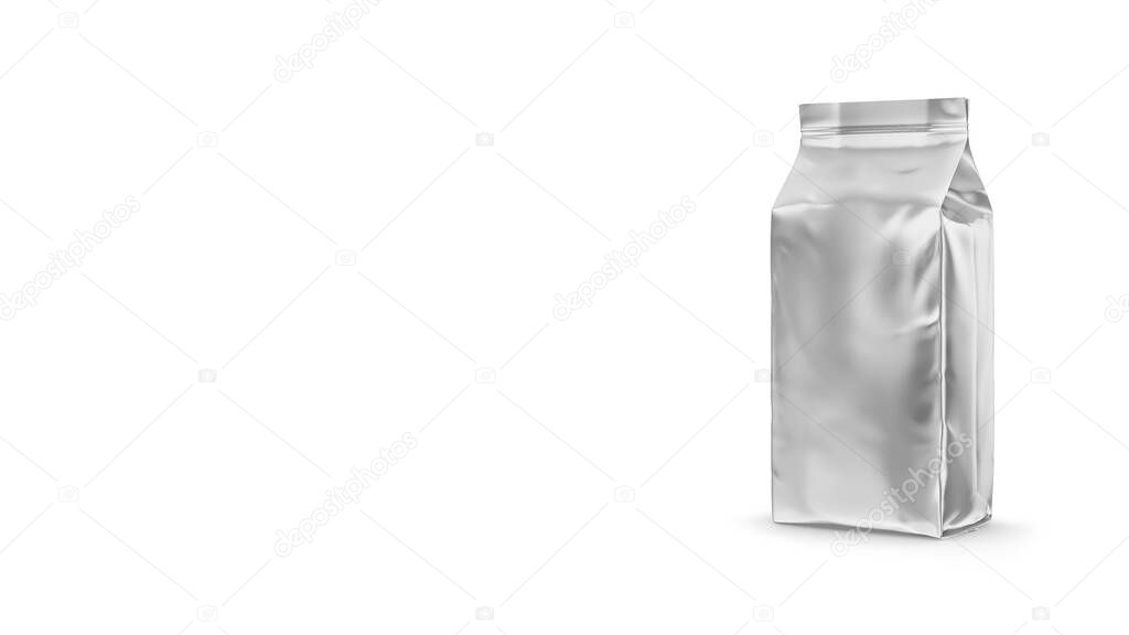 Coffee or tea metallic vacuum pack isolated on white background. added copy space for text.