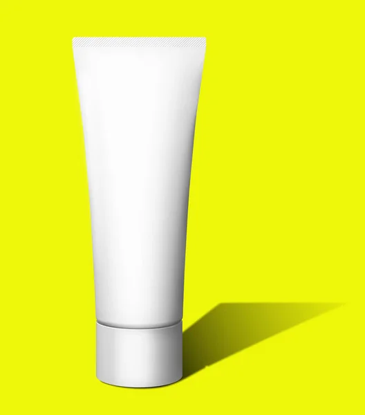 Cosmetica Model Template Gele Achtergrond Plastic Container Voor Cosmetische Producten — Stockfoto