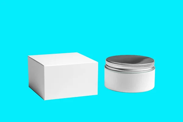 Cosmetica Model Template Blauwe Toscha Achtergrond Plastic Container Voor Cosmetische — Stockfoto
