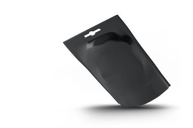 Boş siyah folyo atıştırmalık paketi. Beyaz arkaplanda izole edilmiş olan kırpma yolu. 3d oluşturma. Tasarım elemanınız için uygun.