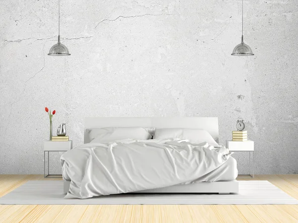 Minimalist ana yatak odası, beyaz beton duvara karşı çift kişilik yatak.