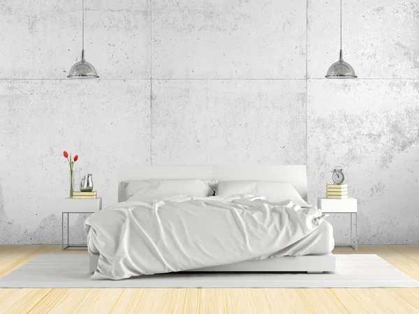 Minimalist ana yatak odası, beyaz beton duvara karşı çift kişilik yatak.