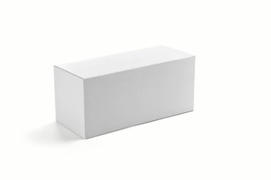 Açık gri arka planda Fotorealistik Düz Meydan Karton Paket Kutusu Model Model. 3 boyutlu görüntüleme. Tasarımınız için model şablonu hazır.