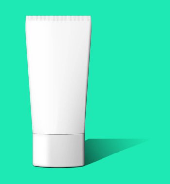 Mavi Toscha arka planında kozmetik modelleme şablonu. Kozmetik ürünleri için plastik kap. Tüp, krem kabı, beyaz arka planda izole edilmiş güzellik ürünleri. 3B görüntüleme.