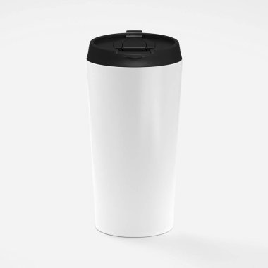 Siyah kapaklı kağıt kahve fincanı, beyaz arka planda, 3D işlemeli. Projen için hazırlan.