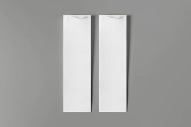 Blank tall white wine bottle bag mockup set, isolated, 3d rendering. Empty carry handbag for wine or vodka mock up. Clear paper packaging fit for store branding.