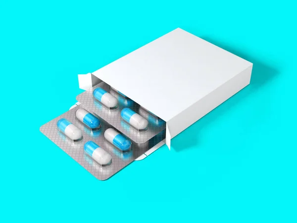 Rendering Blank White Package Box Buborékcsomagolás Pills Izolált Színes Háttér — Stock Fotó