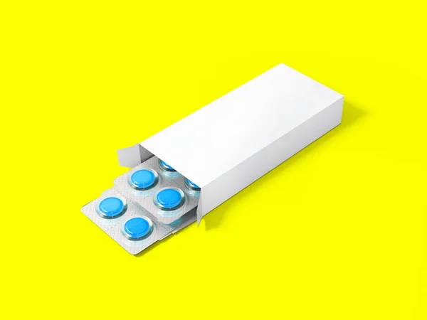 Rendering Blank White Package Box Buborékcsomagolás Pills Izolált Színes Háttér — Stock Fotó